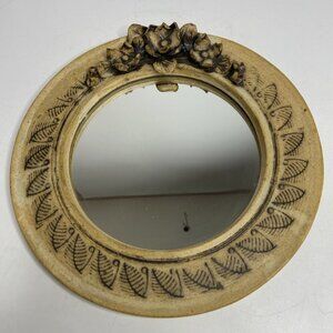 Vtg Artisan Studio Pottery Mirror Stoneware Round Applied Floral 10 in
